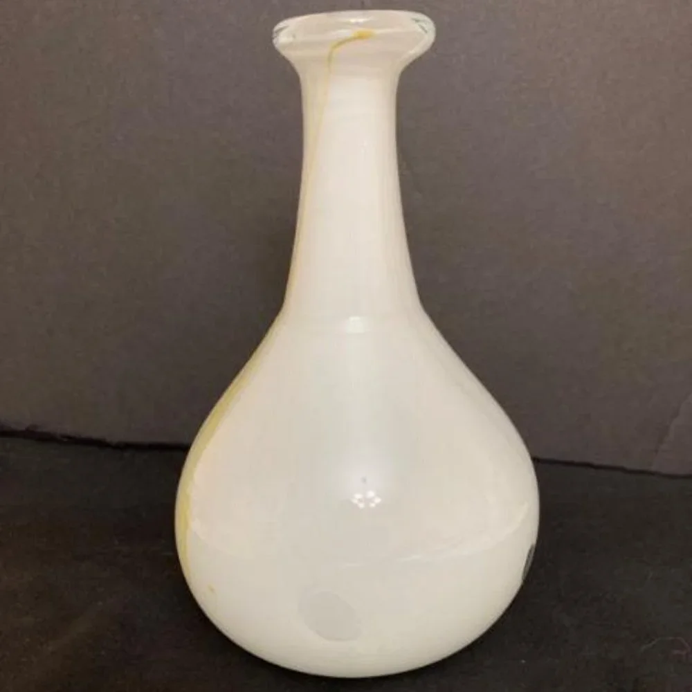 Hand‎ Blown Art Glass Vase White Yellow Rimmed Bulbous Abstract Signed